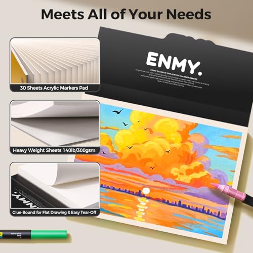 ENMY Acrylic Marker Sketch Pad, 7×4.9 Inch Bleed-Proof Marker Paper,140lb/300gsm Heavyweight Sketchbook, 30 Sheets Drawing Pad Glue-Bound with Hard Backing for Artists, Students - size: 7×4.9 inch