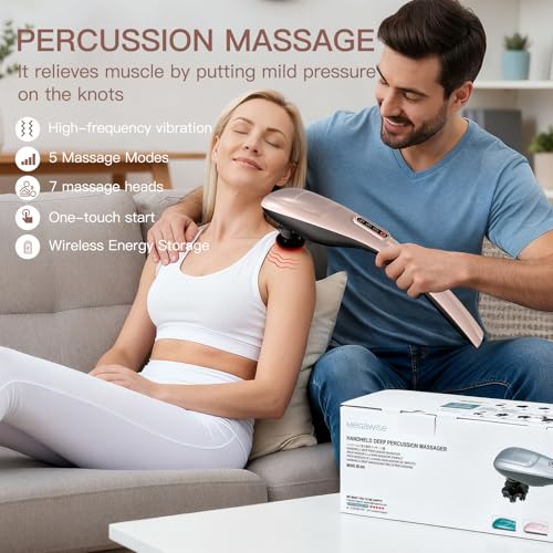 MEGAWISE Cordless Handheld Back Massager w/Rechargeable 3200mAh Battery, 5 Speed and 5 +2 Massage Nodes with Hard, Medium and 2 Soft Silicone Nodes; Massage While Moving Around (Rose Gold) - color: Rose Gold