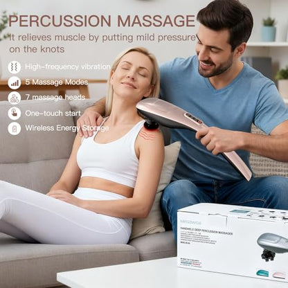 MEGAWISE Cordless Handheld Back Massager w/Rechargeable 3200mAh Battery, 5 Speed and 5 +2 Massage Nodes with Hard, Medium and 2 Soft Silicone Nodes; Massage While Moving Around (Rose Gold) - color: Rose Gold