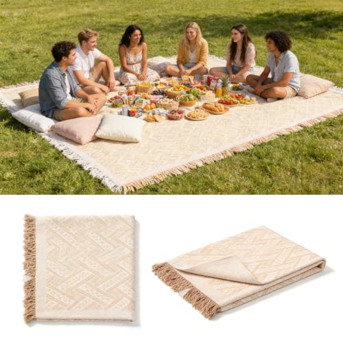 Beige 91×71 Boho Cotton Picnic Blanket, Woven Tassel Outdoor Grass Mat | Large Machine Washable Picnic Blankets for 5 to 7 Adults, Lightweight for Park Picnics, Camping and Backyard Gatherings - color: Beige, size: 91*71INCH