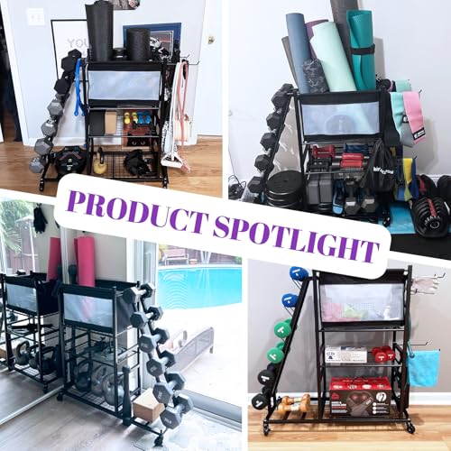 Mythinglogic Dumbbell Rack with Yoga Mat Holder and Wheels for Home Gym
