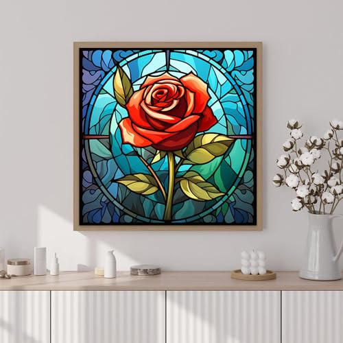 Artunion Framed Paint by Numbers Kit for Adults Beginners & Kids Ages 8-12,Red Rose Flower Paint by Number with Frame, Stained Glass Paint by Numbers Kit on Canvas 10 * 10 Inch Without Easel - color: ZXT-243-F