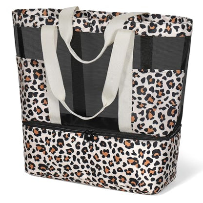 Mesh Tote Beach Bag with Leakproof Wet Compartment - color: Leopard Print