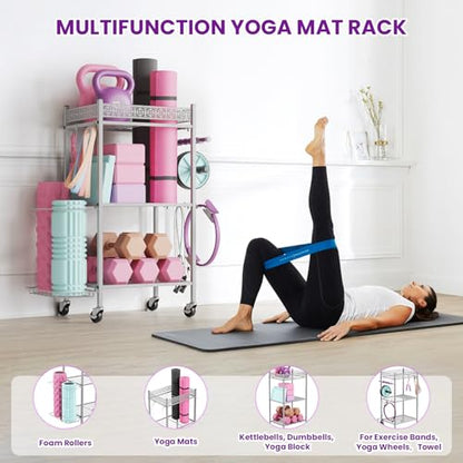 VOPEAK Home Gym Storage Rack, 3-Tier Yoga Mat Storage with Wheels & Hooks | 200 lbs steel rack with lockable casters & side hooks. 3-tier fits yoga mats & dumbbells — 10-min assembly - color: GRAY