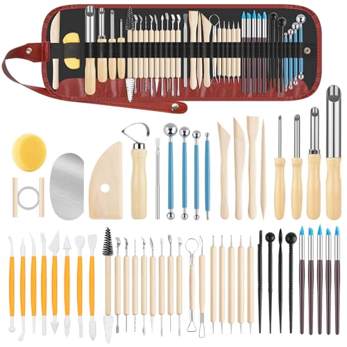 UUSYCUN 52PCS Pottery Tools for Sculpting, Ceramics Clay Tools for Pottery Kiln, Pottery Wheel, Trimming, Carving, Modeling, Beginners, Polymer Clay, Air Dry Clay, Pros, Adults, Crafting Supplies - color: Wood-52PCS