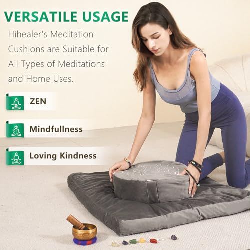 Hihealer Meditation Cushion, Traditional Tibetan Velvet Meditation Pillow | Buckwheat Yoga Bolster, Large Floor Cushion & Pillow for Adults, Zafu Zabuton Set, Zen Meditation Mat - color: Calmly Grey & White