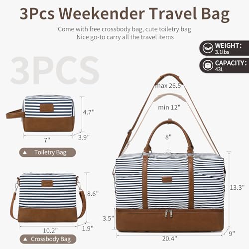 Weekender Bag, Large Travel Duffel Bag for Women, Carry on Overnight Bag with Shoe Compartment and Toiletry Bags - color: A-Blue-White