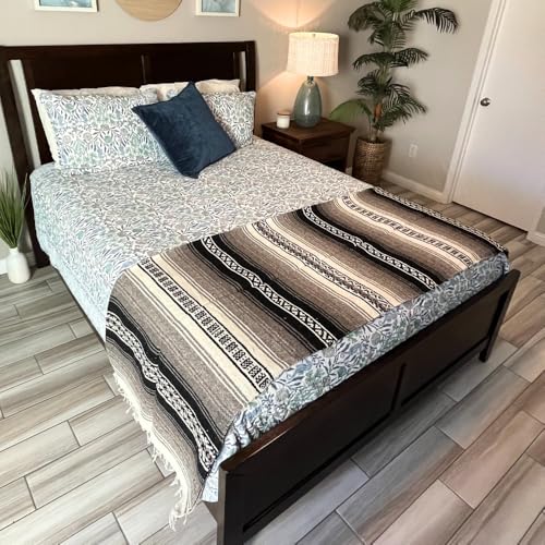 Wool Mexican Blanket - Southwest Print Geometric Design- Handwoven Vintage Wall Tapestry/Throw from Mexico/Beach/Picnic/Thick Mexican Yoga Blanket (Black & Grey Stripes) - color: Black & Grey Stripes