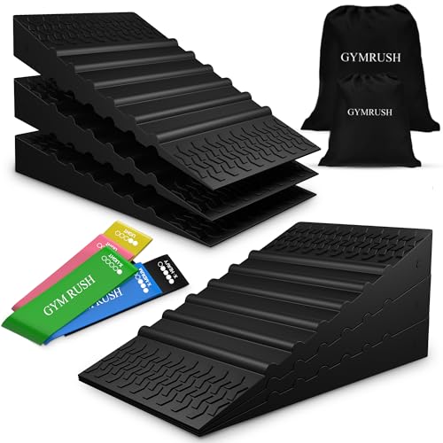 GYMRUSH Squat Wedge Block 6PCS, Resistance Bands 5PCS, Adjustable Non-slip Rubber Squat Ramp, Weight Lifting, Deadlift, Calf stretcher, Slant board, Improve Mobility Balance and Strengthen Performance