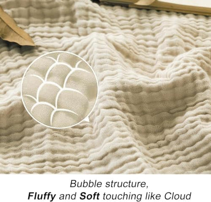 EMME Cotton Blanket Queen Size for Bed Soft Muslin Bed Blankets 90"x90" Beige Lightweight Breathable Bedspread Coverlet All Season Gauze - color: 02 - Beige, size: Queen (90" x 90")