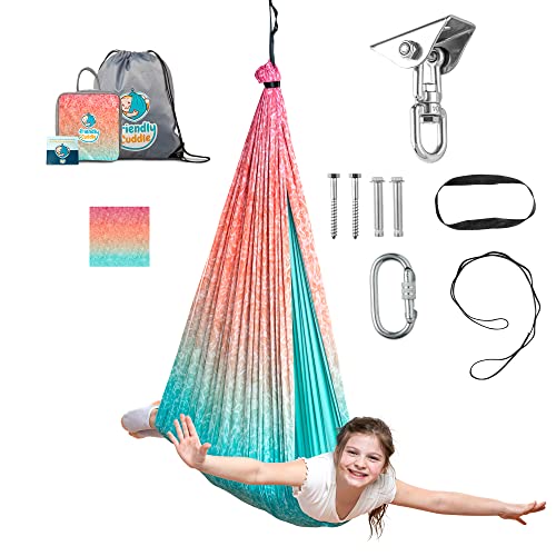 Compression Sensory Swing Adult & Kids, Indoor Outdoor Pod, Holds 300lb | indoor sensory swing for kids, outdoor sensory swing indoor, sensory swing kids, sensory toys, 360 swivel hammock swing - color: Fuzz Red Orange and Blue Design