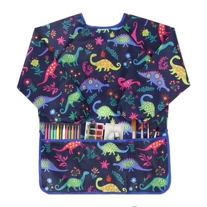 Kids Art Smocks Dinosaur Painting Aprons for Children Waterproof Artist Smock with Long Sleeve and 3 Pockets for Age 3-8 Years (Navy-blue) - color: Dinosaur (Blue)