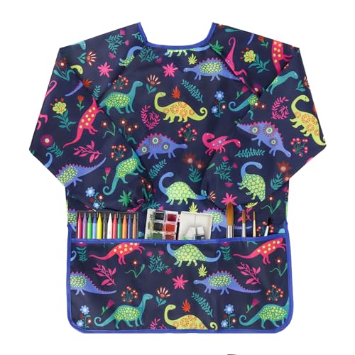 Kids Art Smocks Dinosaur Painting Aprons for Children Waterproof Artist Smock with Long Sleeve and 3 Pockets for Age 3-8 Years (Navy-blue) - color: Dinosaur (Blue)