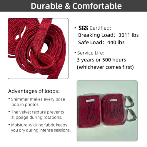 PRIOR FITNESS Aerial Loops Set,SGS Certified,9ft Yoga Straps Trapeze 2pcs - color: Glitter Red