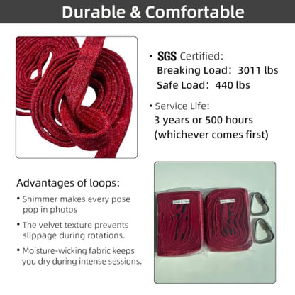 PRIOR FITNESS Aerial Loops Set,SGS Certified,9ft Yoga Straps Trapeze 2pcs - color: Glitter Red