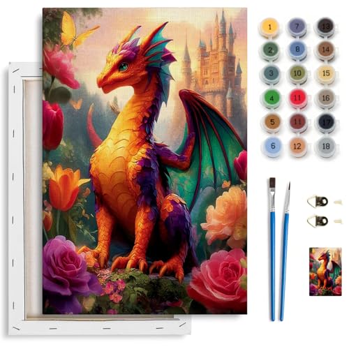 Spandrel Dragon Framed Paint by Numbers Kit for Adult, Castle Adult Paint by Number Kits on Canvas, DIY Acrylic Oil Easy Fantasy Painting by Numbers for Home Wall Decor, 8x12in - color: Dragon