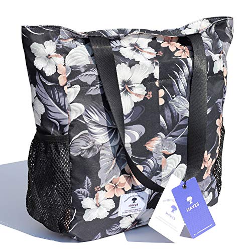 ESVAN Original Floral Tote Bag Large Shoulder Bag with Multi Pockets for Gym Travel Beach Daily Bags - color: C Black Gray Leaf