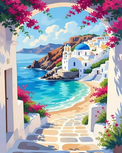 Mrnsiet Paint by Number for Adults Beginners, Easy Seaside Town Paint by Numbers Kits on Canvas, DIY Coastal City Oil Painting Kits Adults' Paint-by-Number Kits for Home Wall Decor 16x20 Inch - color: MT22397-US