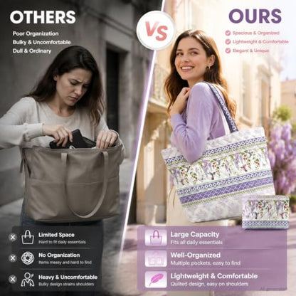 Quilted Tote Bag 2 Pack, Women's Tote Handbags for Work Travel - color: Soft Lavender Purple