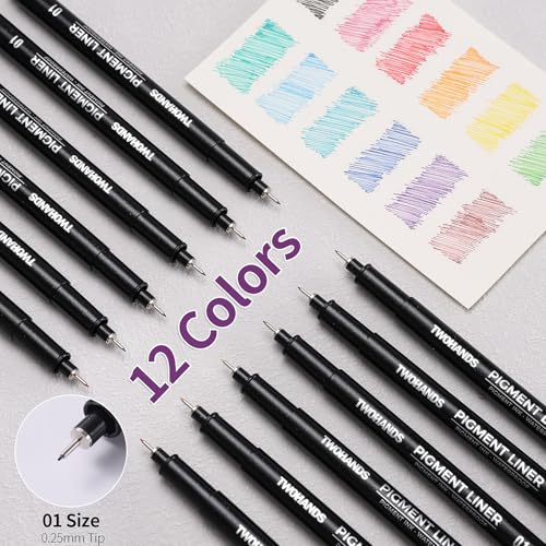 TWOHANDS Drawing Micro Art Pens, Set of 12, 0.25mm, Colors 01 | Fineliner Ink Pens, Technical Drawing Pen, Pigment Pen, Waterproof NO-bleed, For Art Watercolor Sketching Anime Manga，21281 - color: Multicolor, size: 1 Count (Pack of 12)