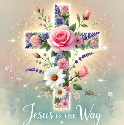 Modern Merch Jesus Diamond Art for Adults Flower Cross Christian 5D Diamond Painting Kit for Adults, DIY Jesus Wall Art Cross Stitch Kits Gem Art, Round Drill 12x12 Religious Gifts for Women - color: Cross Flower