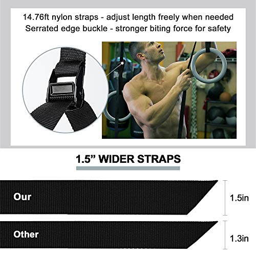 PACEARTH Gymnastic Rings 1100lbs Capacity with 14.76ft Adjustable Buckle Straps Pull Up Exercise Rings Non-Slip Rings for Home Gym Full Body Workout - color: Grey