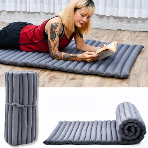 Leewadee - Foldable Floor Mattress - Japanese Roll Up Futon -Trifold Tatami Mat- Guest Floor Bed - Camping Mattress - Thai Massage Mat, Kapok Filled, 75 x 28 inches, Anthracite - color: Cl13 - Grey, size: M: 75x28"
