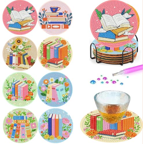 Mrnsiet 8PCS Books Diamond Art Coasters for Adults, DIY Books Wooden Coffee Diamond Painting Coasters with Holder, Non Slip Mosaic Dot Painting Coaster with Cork Pads for Beginners 4x4 Inch - color: BDWY417-US