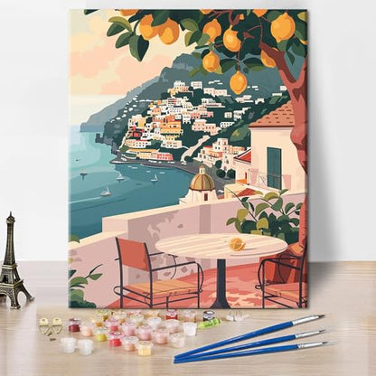 TUMOVO Paint by Number for Adults, Lemon Tree Balcony Landscape Art | Cityscape DIY Painting, Unframed Pre-numbered Canvas, Stress Relief Craft, Includes Paints and Brushes, 16x20 Inches. - color: Balcony