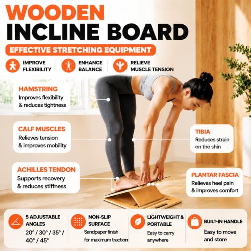 Slant Board for Calf Stretching, Wooden Slant Boards for Exercise, 5 Adjustable Angles, Calf Stretcher Board with Non-Slip Surface and Carry Handle for Squats and Ankle Mobility