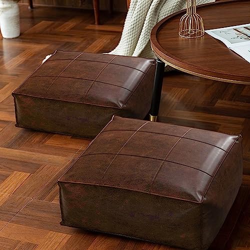 Vintage Leather Square Floor Cushion for Adults,Brown