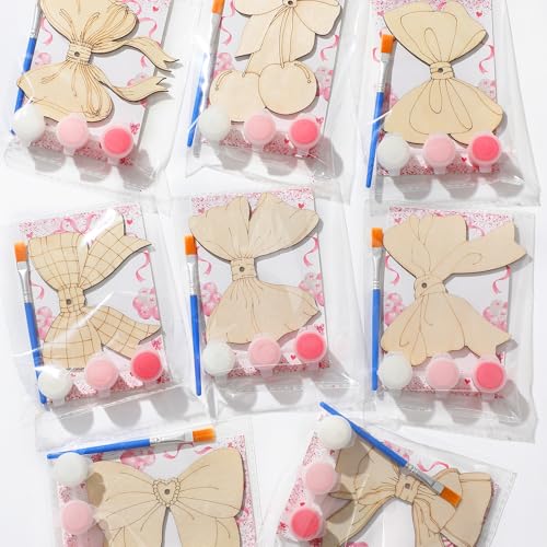 Saypacck 24 Pcs Pink Bow Party Favors Wooden Paint Craft Kits | Bow Themed Craft Activity, Girly Bow Designs for Birthday Parties, Bulk Favors for Goodie Bags, - style: Bowknot Style