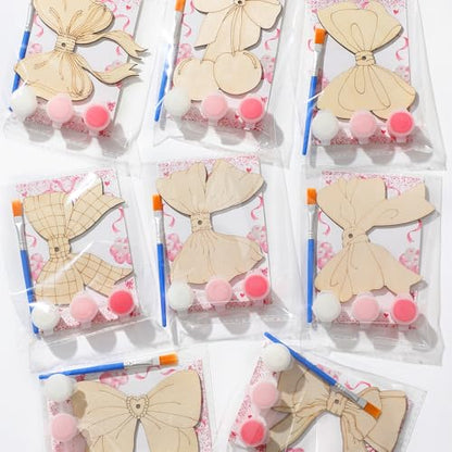 Saypacck 24 Pcs Pink Bow Party Favors Wooden Paint Craft Kits | Bow Themed Craft Activity, Girly Bow Designs for Birthday Parties, Bulk Favors for Goodie Bags, - style: Bowknot Style