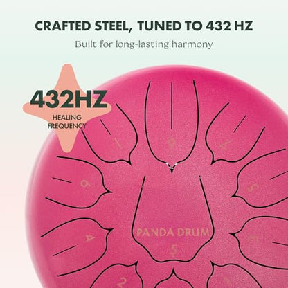 Panda Drum Plus (Pink) | Steel Tongue Drum for Inside & Outside | 11 Inch | with Music Book, Mallets, Carrying Bag & Finger Picks | 432 Hz Rain Drum | Calming Musical Instrument for Adults - color: Pink