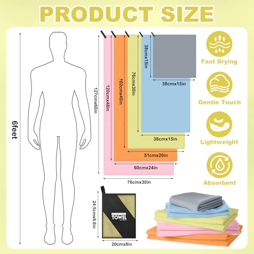 Tudomro 5 Pcs Microfiber Gym Towels Quick Dry Camping Towel for Women Men Gym Sweat Sports Towel for Yoga Tennis Running Swimming Exercise Working Out(Multicolor,Multi Size) - color: Multicolor, size: Multi Size