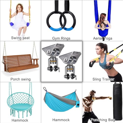 SELEWARE Silent Swing Hangers Stainless Steel Bearing Swing Hook 2 Pack | 360° Swivel Swing Hardware Ceiling Mount for Porch Swing Hammock Chair Aerial Yoga Silks Punching Bag 1000 LB Capacity - color: Silver ( 2 Pack 360° Bearing Swing Hanger )