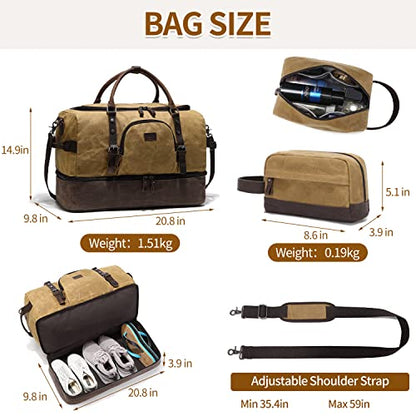 Nerlion Weekender Bag with Shoe Compartment Large Overnight Bag for Men Canvas Genuine Leather Carry on Luggage Bag Travel Duffel Bag(Brown) - color: Brown