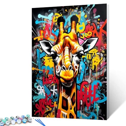 Tucocoo DIY Painting by Numbers for Adults Beginner,Giraffe Doodle Background Paint by Number on Canvas Easy to Paint for Beginner with Pigment and Brushes Unique Graffiti with Frame 16''X20'' - color: Animals-10, size: 16''Wx20''H(DIY frame)