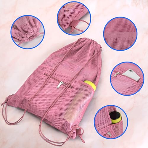 NATURAL STYLE Mesh Drawstring Backpack Bag, Gym Sports Bag with Zipper Pocket Bottle Holder, String Beach Bag for Swiming Travel (Pink) - color: Pink