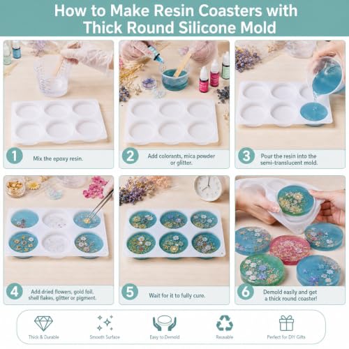 Extra Deep Coaster Resin Molds for 6 Cavity Round Thick Epoxy DIY Art Craft | 4 Inches Extra Thick Round Coaster Silicone Mold for Resin Epoxy, Flower Preservation, Easy Release, Beginner Friendly