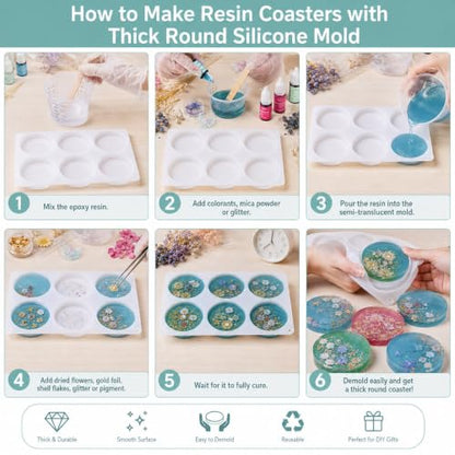 Extra Deep Coaster Resin Molds for 6 Cavity Round Thick Epoxy DIY Art Craft | 4 Inches Extra Thick Round Coaster Silicone Mold for Resin Epoxy, Flower Preservation, Easy Release, Beginner Friendly