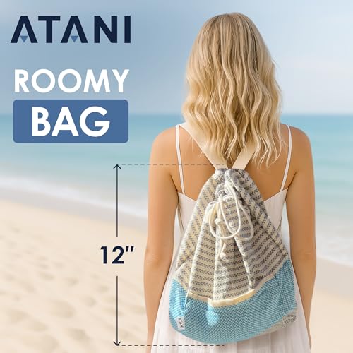 ATANI Turkish Beach Towel, Converts to a Bag, Oversized 100% Cotton Bath Towels Lightweight Quick-Dry Beach Blanket for Travel, Picnic, Camping, Yoga and Pool (Grey x Turquise, 71 inc x 39 inc) - color: Grey X Turquise, size: 71 inc x 39 inc