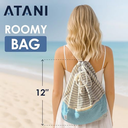 ATANI Turkish Beach Towel, Converts to a Bag, Oversized 100% Cotton Bath Towels Lightweight Quick-Dry Beach Blanket for Travel, Picnic, Camping, Yoga and Pool (Grey x Turquise, 71 inc x 39 inc) - color: Grey X Turquise, size: 71 inc x 39 inc