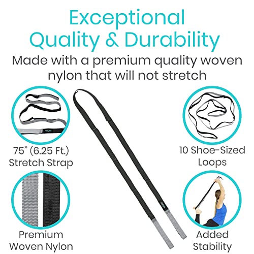 Vive Stretch Strap (75" - 10 Loops) - Leg Stretch Band to Improve Flexibility - Stretching Out Yoga Strap - Exercise and Physical Therapy Belt for Rehab, Pilates and Gymnastics with Guide Book - color: Gray