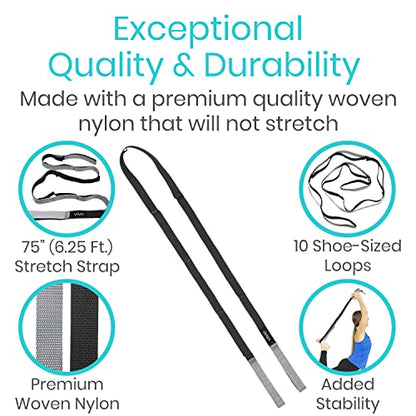 Vive Stretch Strap (75" - 10 Loops) - Leg Stretch Band to Improve Flexibility - Stretching Out Yoga Strap - Exercise and Physical Therapy Belt for Rehab, Pilates and Gymnastics with Guide Book - color: Gray