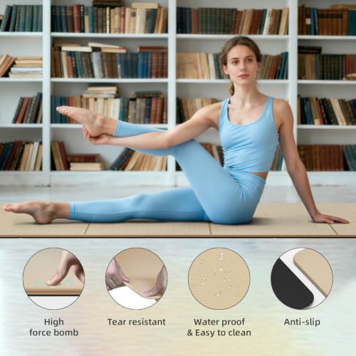 Foldable TPE Yoga Mat Thick 10mm,75" x40"Extra Large Exercise Mats | Stretch Mat Non-slip Fitness Folding Mat Easy to Carry,Wide Gym Mats for Women Men Suitable for Home Workout Travel Pilates - color: Beige
