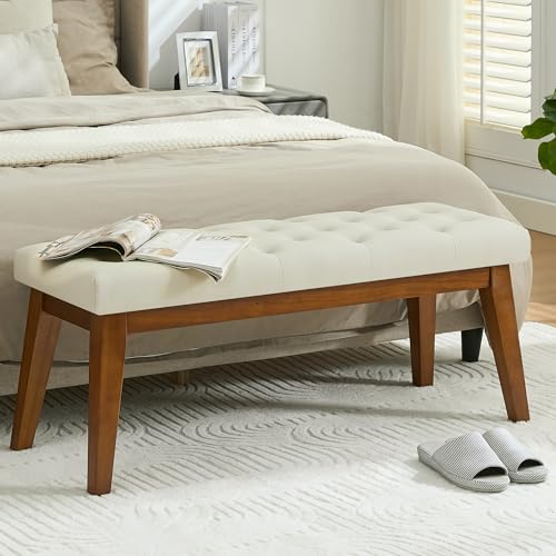 43.5'' Faux Leather Bedroom Bench, Upholstered End of Bed Bench with Tufted Button, Padded Vintage Dining Bench, Entryway Bench with Solid Wood Legs, Kitchen, Living Room, Hallway, Beige Tufted - color: Beige-pu-tufted