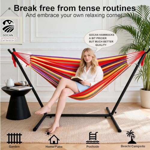 GOCAN Brazilian Style Double 2 Person Extra Large Hammock 220 x 160cm | Poly-Cotton Hammock 500 Lbs Maximum Weight Capacity for Patio, Porch, Garden & Backyard Lounging, Indoor & Outdoor Use - color: Rainbow Stripe, size: XX-Large