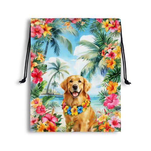 Golden Retriever Drawstring Bag Palm Leaf Shoe Bags for Storage Wet Cloth - color: Golden Retriever-multi, size: 18"(H)*14"(W)