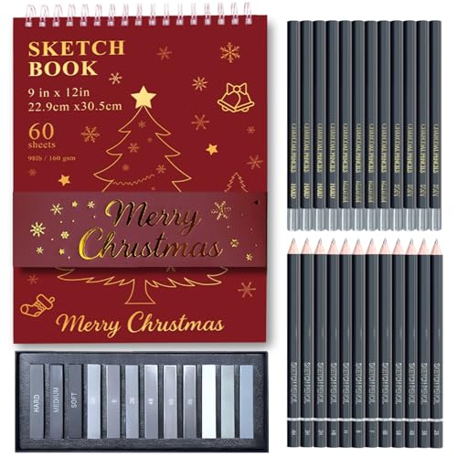 Fuxi Art Supplies for Teens 14-16 Girls, Professional Sketch Book and Pencils Set, Gifts for Sketch Artists with Stocking Stuffers. - color: Christmas Red, size: 9" x 12" (Pack of 1)